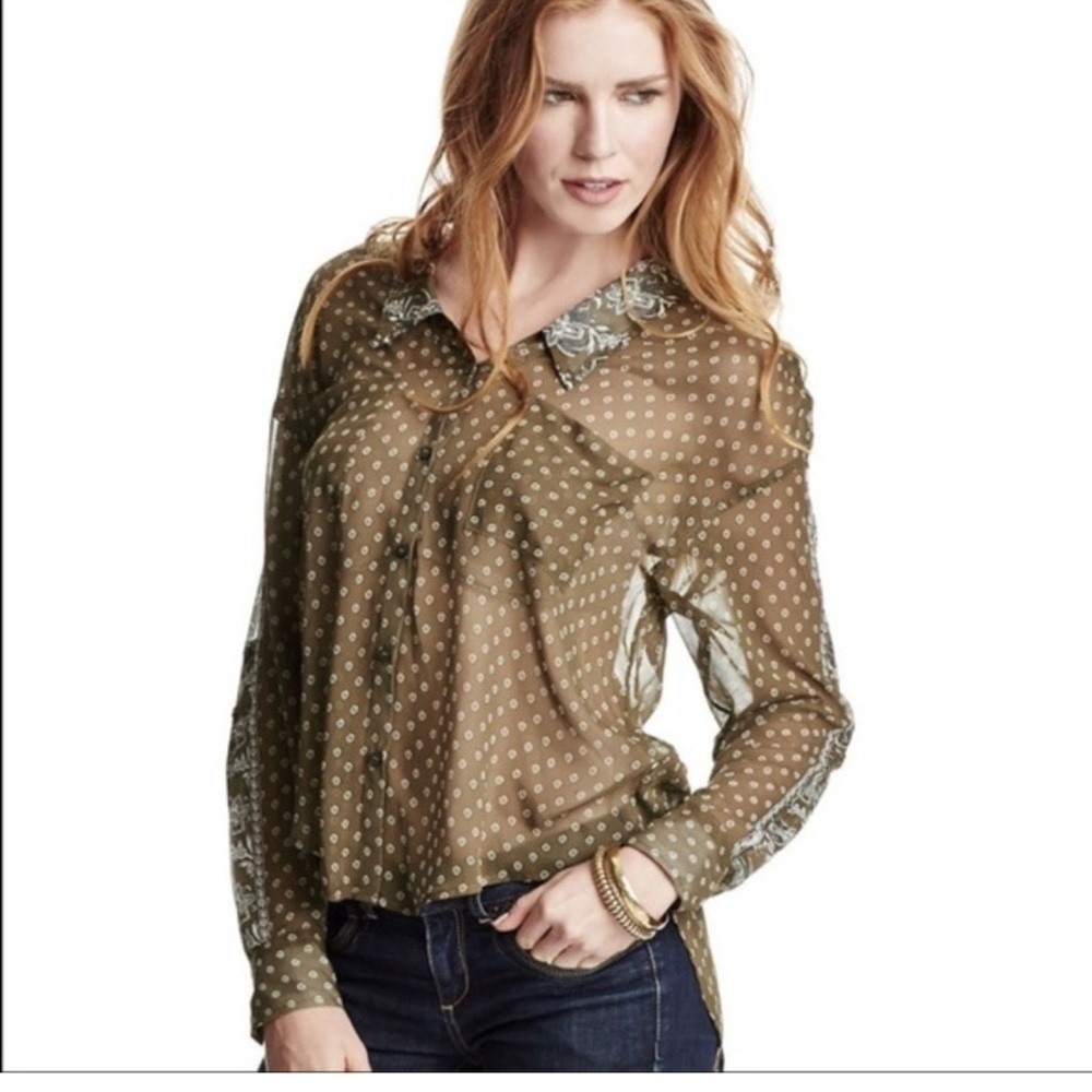 Free People Women’s Easy Rider Printed Button Down Sheer Blouse Size M